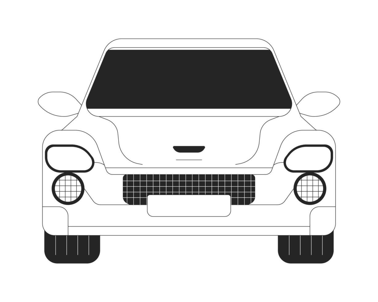 Car model front view black and white 2D line cartoon object. Comfortable auto with dark windshield isolated outline item. Driving automobile along road monochromatic flat spot illustration vector