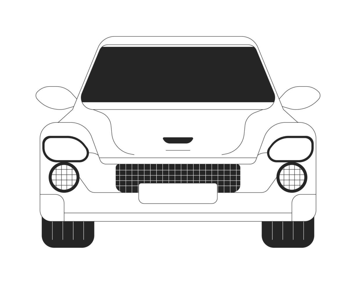 coche modelo frente ver negro y blanco 2d línea dibujos animados objeto. cómodo auto con oscuro parabrisas aislado contorno artículo. conducción automóvil a lo largo la carretera monocromo plano Mancha ilustración vector