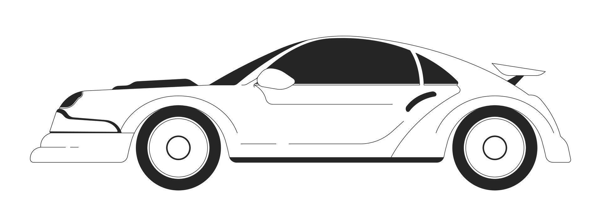 Fast racing car black and white 2D line cartoon object. Extreme driving leisure. Powerful sports vehicle model isolated outline item. Transport racing monochromatic flat spot illustration vector