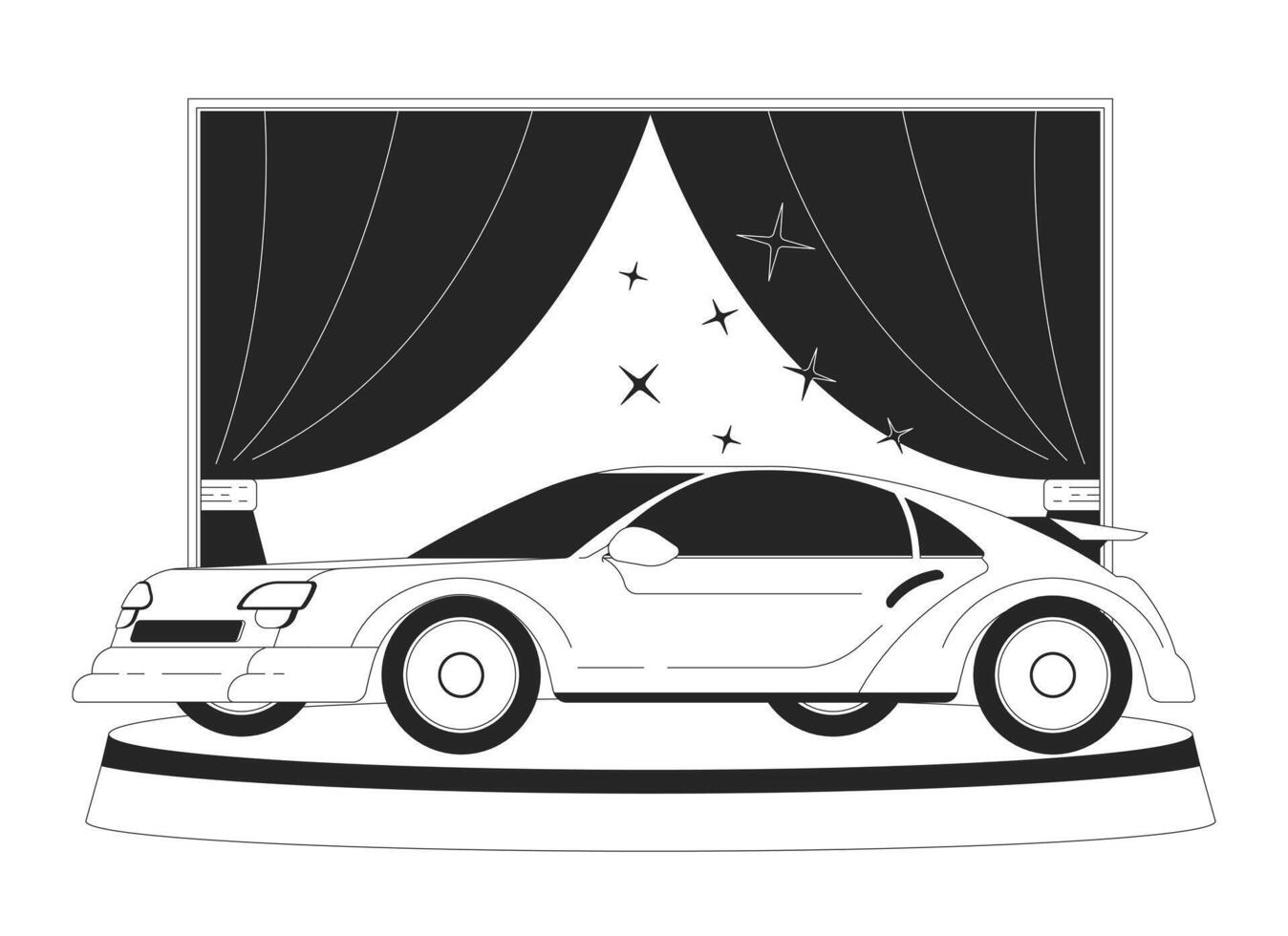 lujo coche sala de exposición negro y blanco 2d línea dibujos animados objeto. ejecutando innovador automóvil modelo aislado contorno artículo. vehículo exposición para los compradores monocromo plano Mancha ilustración vector