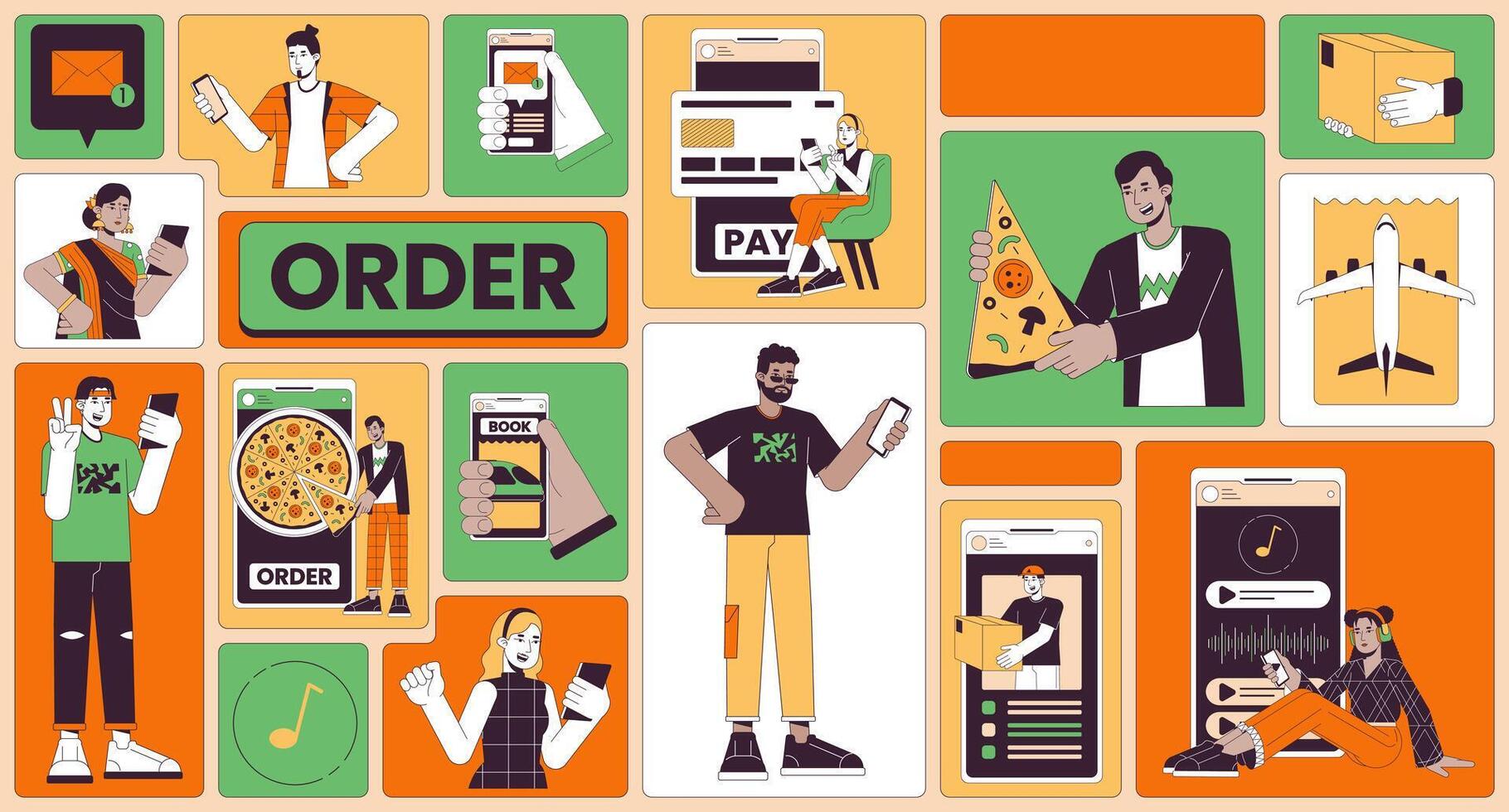 Using smartphones everyday bento grid illustration set. Package delivery, pizza order, music player 2D image collage design graphics collection. Multicultural flat characters moodboard layout vector