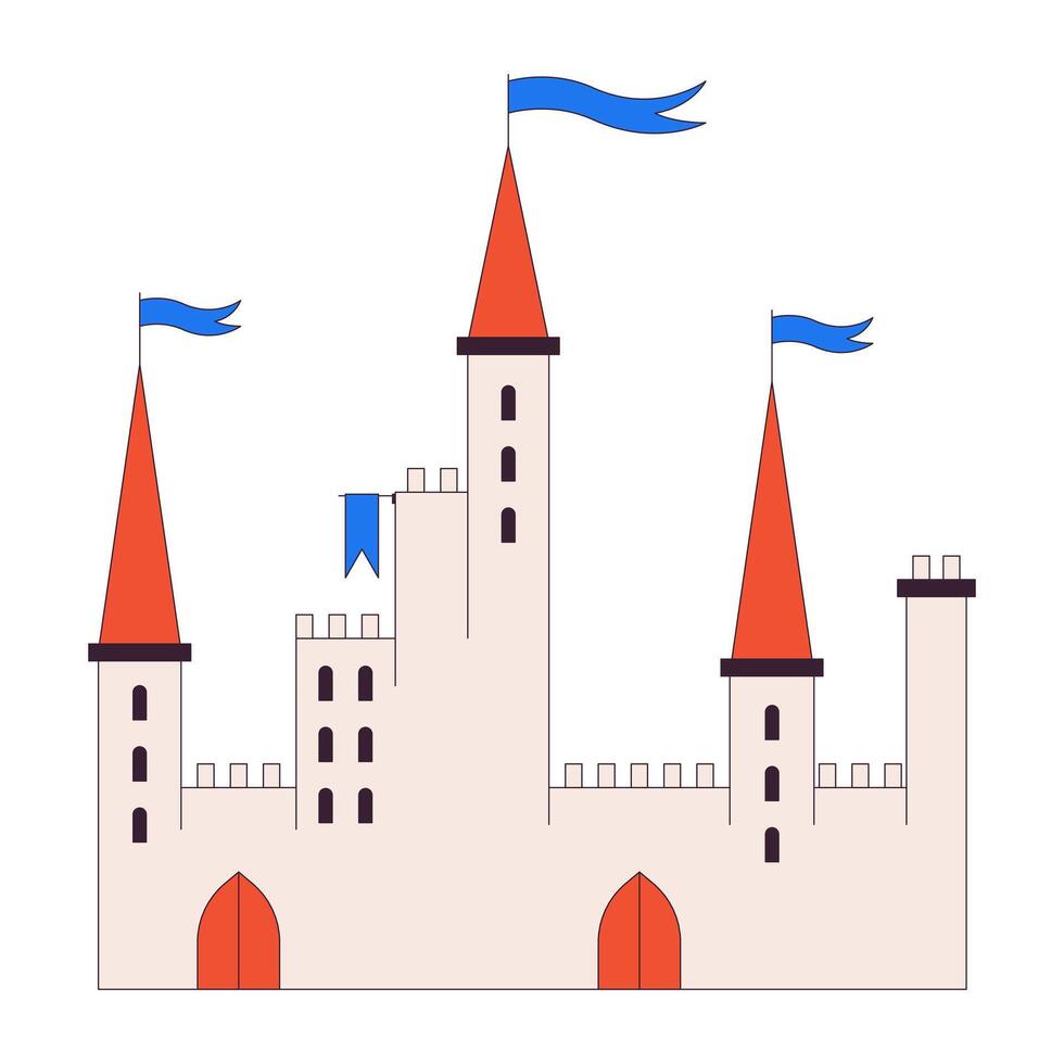 Medieval castle with waving flags 2D linear cartoon object. Ancient fortress from fairy tale isolated line element white background. Architectural monument color flat spot illustration vector