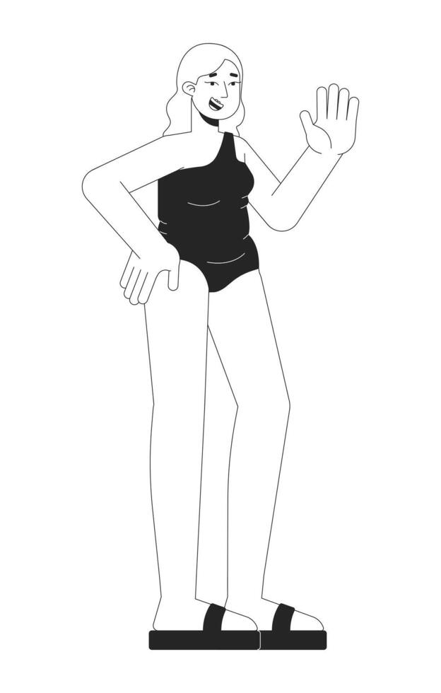 bonito más tamaño mujer en traje de baño negro y blanco 2d línea dibujos animados personaje. simpático curvilíneo caucásico hembra aislado contorno persona. playa cuerpo positivo monocromo plano Mancha ilustración vector