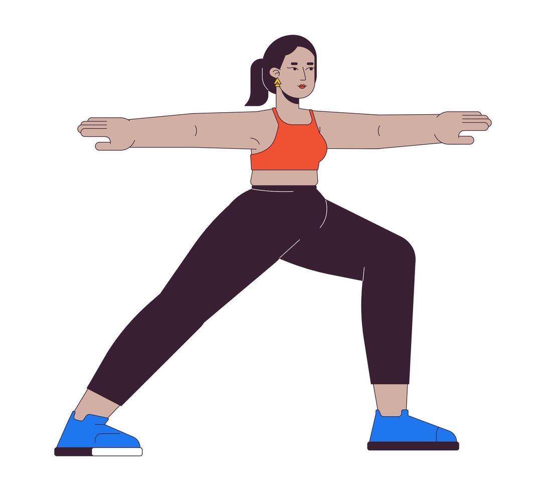 Curvy middle eastern woman practicing yoga 2D linear cartoon character. Plus sized arab female training isolated line person white background. Body positive color flat spot illustration vector