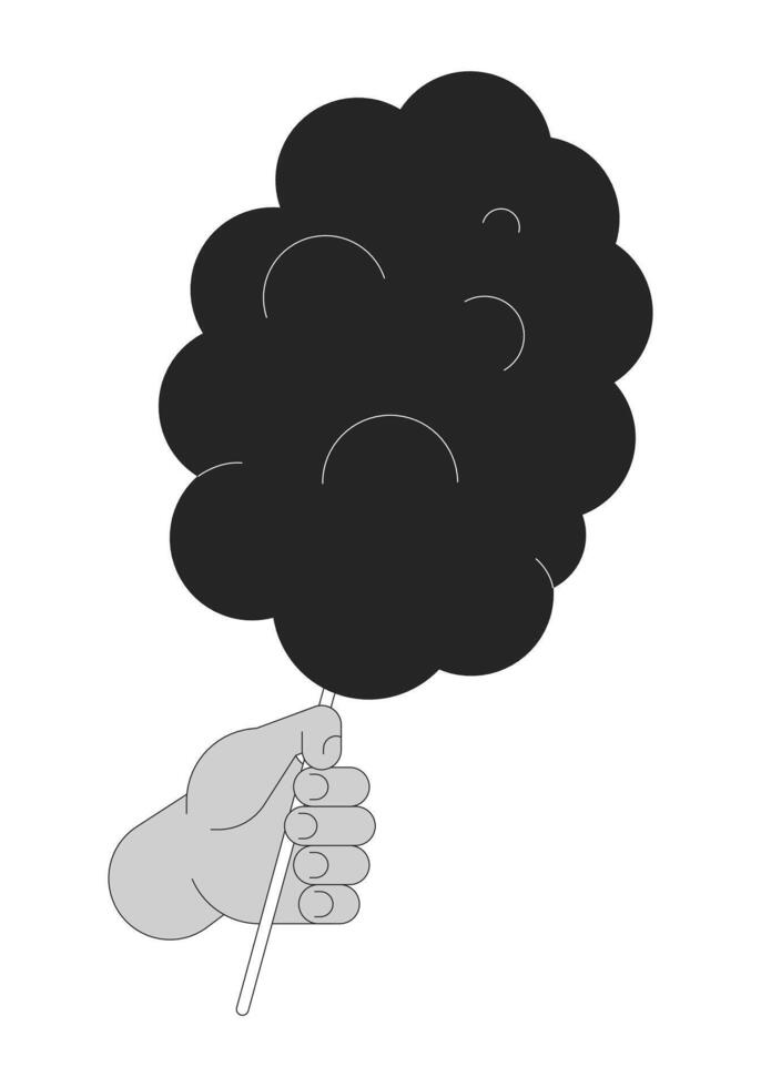 Fluffy sweet cotton candy holding cartoon human hand outline illustration. Street dessert 2D isolated black and white image. Popular sugar snack at fair flat monochromatic drawing clip art vector