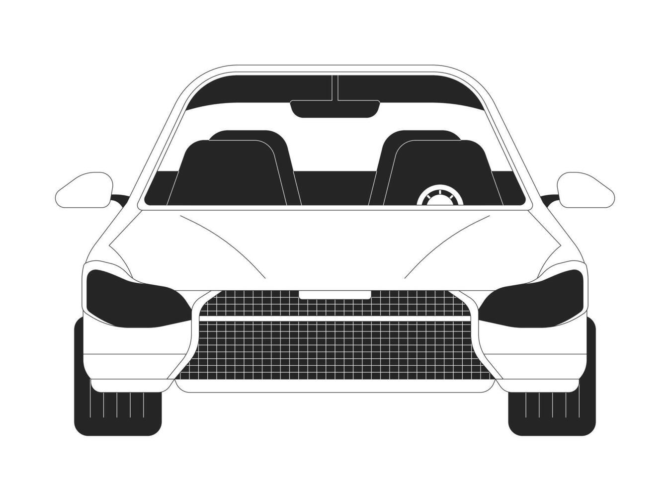 Modern car with empty salon black and white 2D line cartoon object. Fast vehicle. Personal transport front view solated outline item. Driving automobile monochromatic flat spot illustration vector
