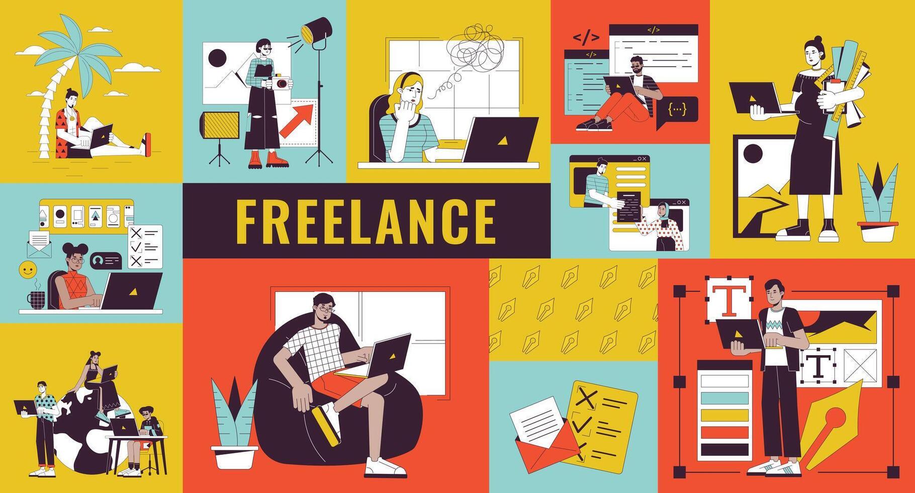 Freelance bento grid illustration set. Photographer female, programmer male, graphic designer 2D image collage design graphics collection. Diverse freelancers flat characters moodboard layout vector