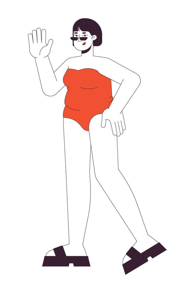 contento curvilíneo mujer en traje de baño 2d lineal dibujos animados personaje. más tamaño hembra Listo para playa temporada aislado línea persona blanco antecedentes. exceso de peso color plano Mancha ilustración vector