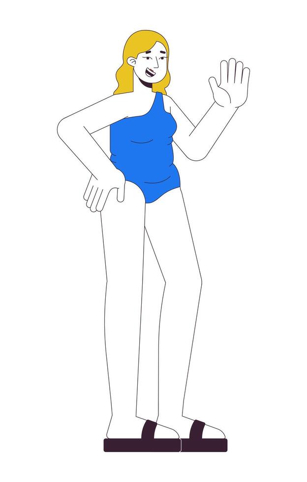 bonito más tamaño mujer en traje de baño 2d lineal dibujos animados personaje. simpático curvilíneo caucásico hembra aislado línea persona blanco antecedentes. playa cuerpo positivo color plano Mancha ilustración vector