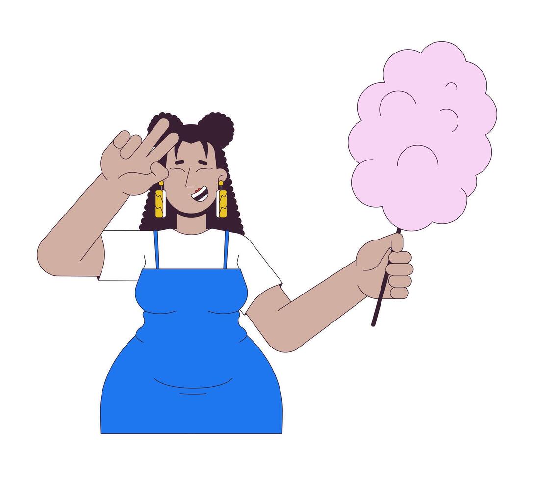 Smiling curvy latina woman with candy floss 2D linear cartoon character. Latin american obese female showing v sign isolated line person white background. Lifestyle color flat spot illustration vector