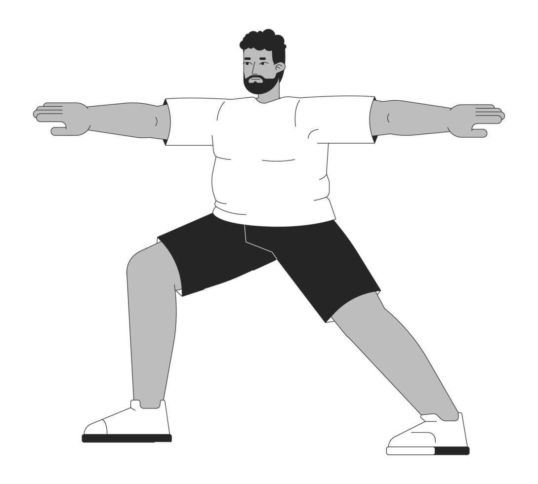 más tamaño negro hombre haciendo yoga negro y blanco 2d línea dibujos animados personaje. obeso africano americano masculino hacer ejercicio aislado contorno persona. activo estilo de vida monocromo plano Mancha ilustración vector