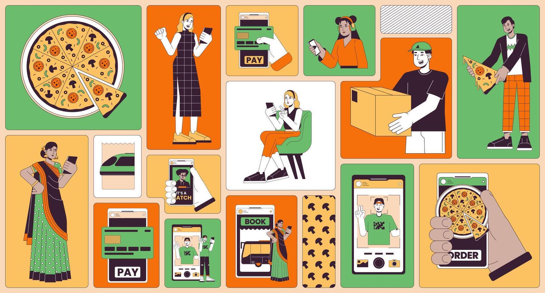 Using mobile phones lifestyle bento grid illustration set. Pizza order, selfie taking, courier 2D image collage design graphics collection. Multinational flat characters moodboard layout vector