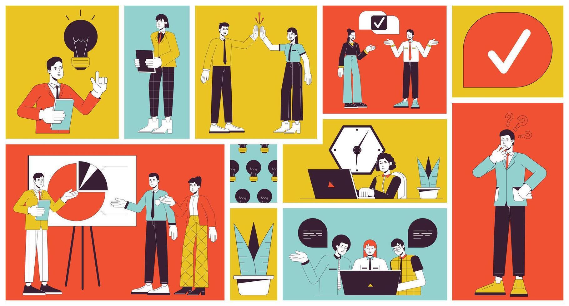 People working in office bento grid illustration set. Company team. Corporate job 2D image collage design graphics collection. Employee engagement flat characters moodboard layout vector