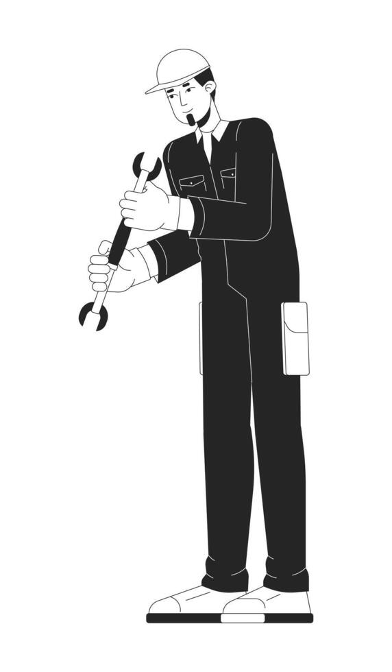 Caucasian worker with wrench black and white 2D line cartoon character. Professional male mechanic with work tool isolated outline person. Labor occupation monochromatic flat spot illustration vector