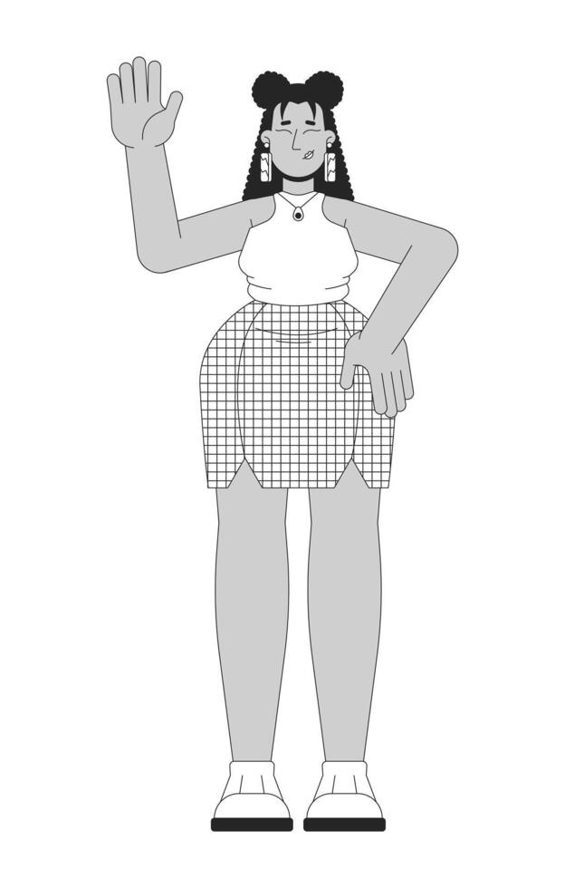 Latina female with overweight raising hand black and white 2D line cartoon character. Plus sized hispanic woman greeting isolated outline person. Curvy lady monochromatic flat spot illustration vector
