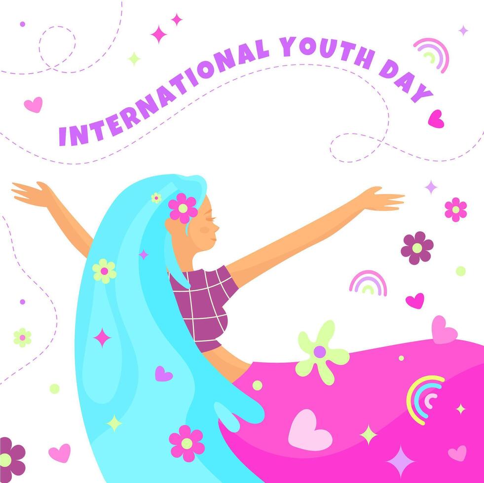 International Youth Day design. Modern Cheerful young girl with blue long hair with abstract flowers, stars and rainbows and other decorative elements rejoices and has fun. illustration vector