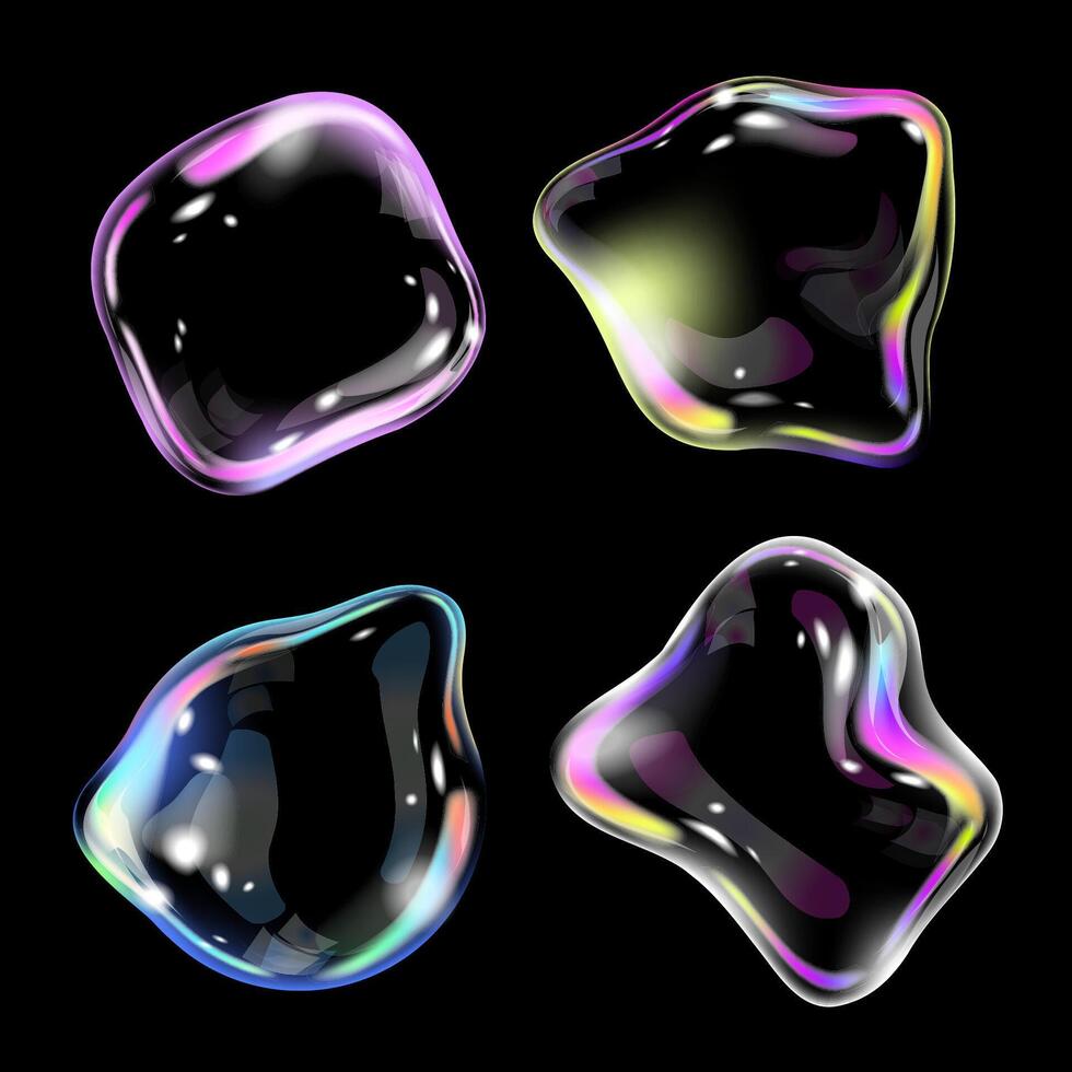 Realistic transparent soap bubbles with shinyr ainbow reflection set. 3D bubbles of different shapes isolated on black background.Trendy transparent design elements vector