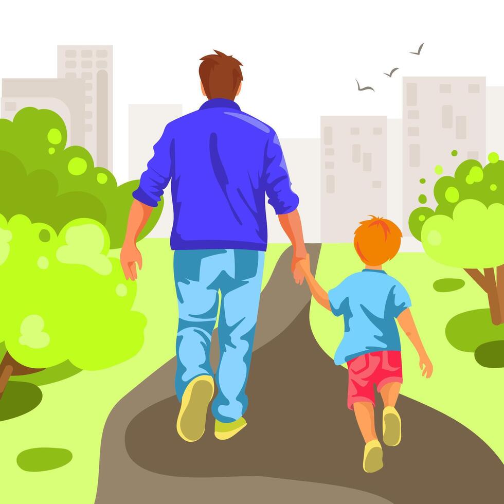 padre y pequeño hijo caminando en el parque juntos participación manos. contento del padre día concepto. familia tiempo. ilustración. saludo tarjeta, imprimir, póster diseño vector