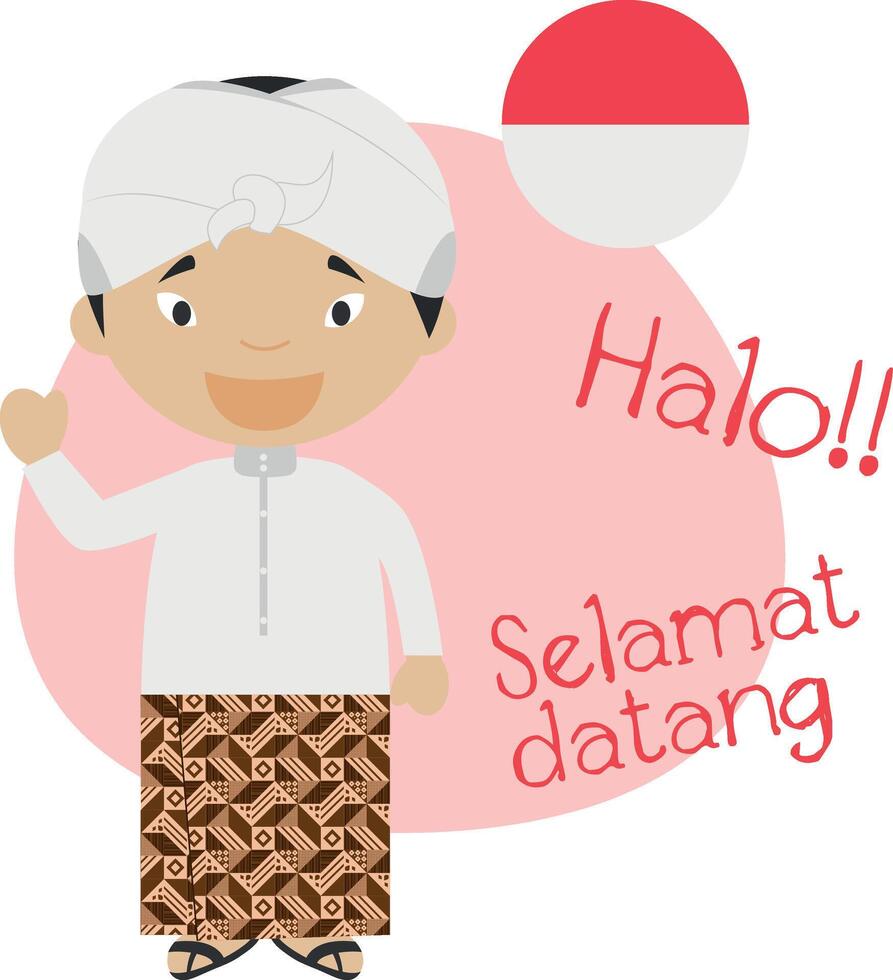 illustration of cartoon character saying hello and welcome in Indonesian vector