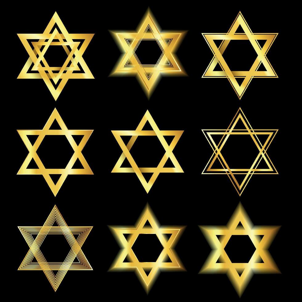 Luxury Golden glowing Star of David collection of signs isolated on a black background.Star of David icon set.Judaism sign. Six pointed star. illustration vector