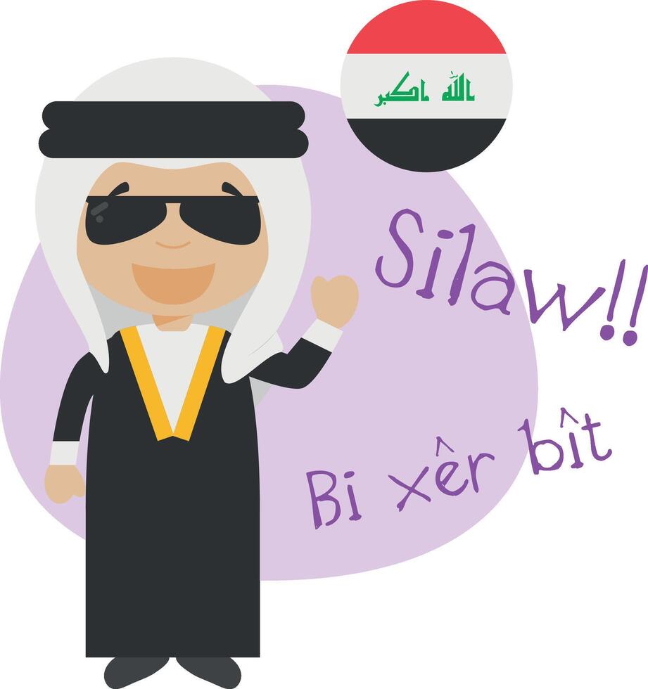 illustration of cartoon character saying hello and welcome in Kurdish vector