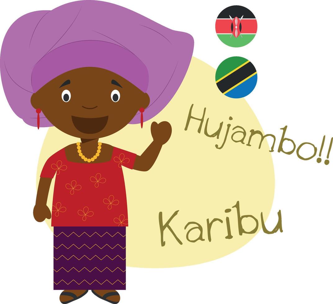 illustration of cartoon character saying hello and welcome in Swahili vector