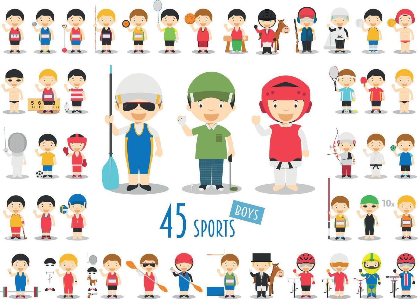 Big Set of 45 cute cartoon sport characters for kids. Funny cartoon boys. Olympics Sports illustrations vector