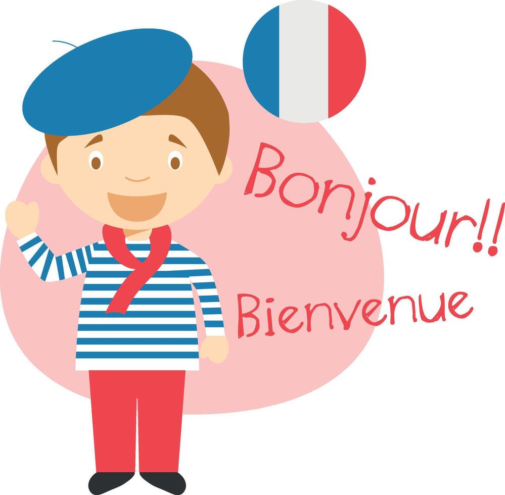 illustration of cartoon characters saying hello and welcome in French vector