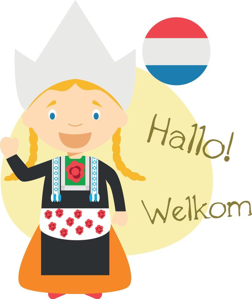 ilustración de dibujos animados caracteres diciendo Hola y Bienvenido en holandés vector
