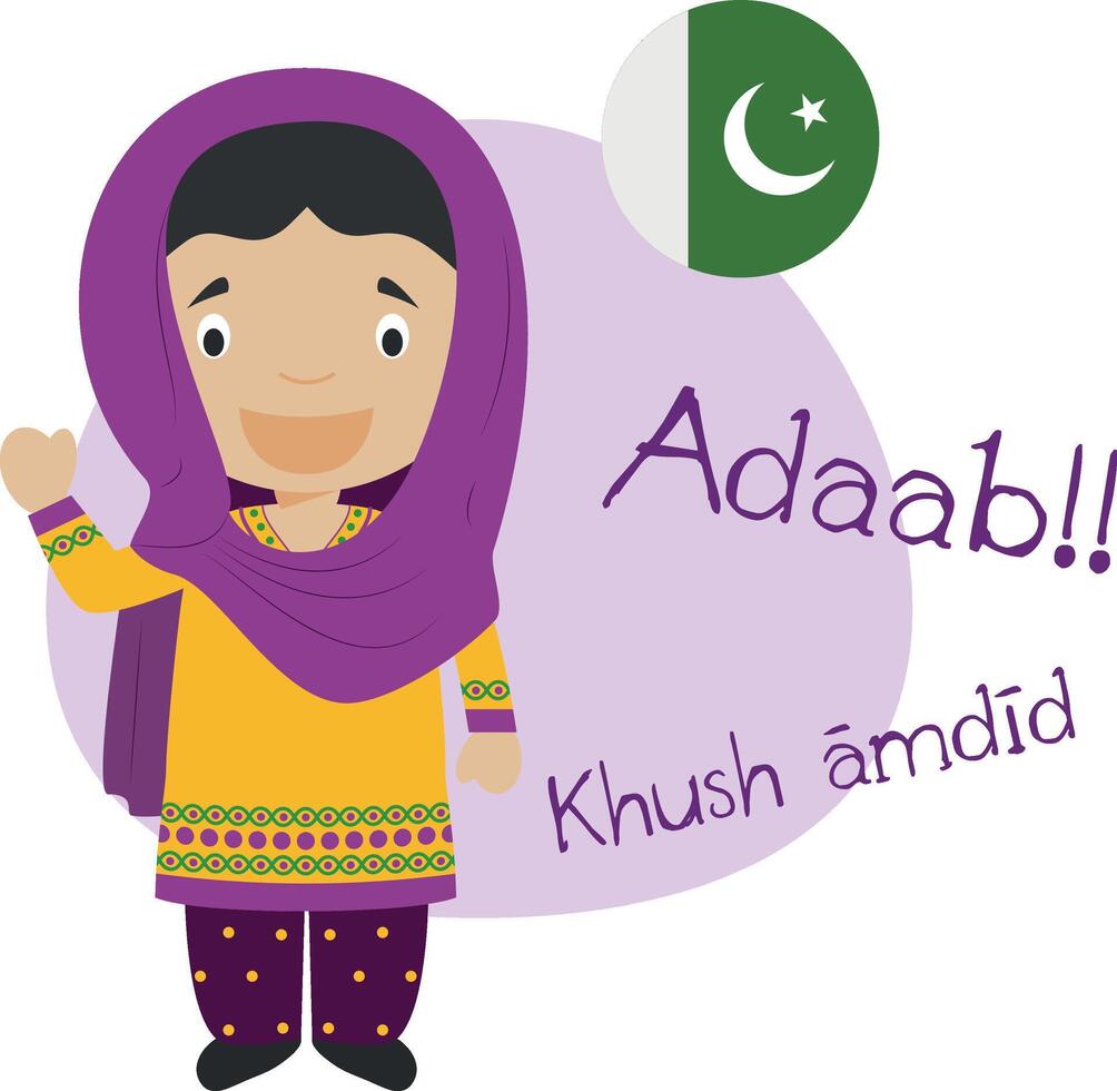illustration of cartoon character saying hello and welcome in Urdu vector