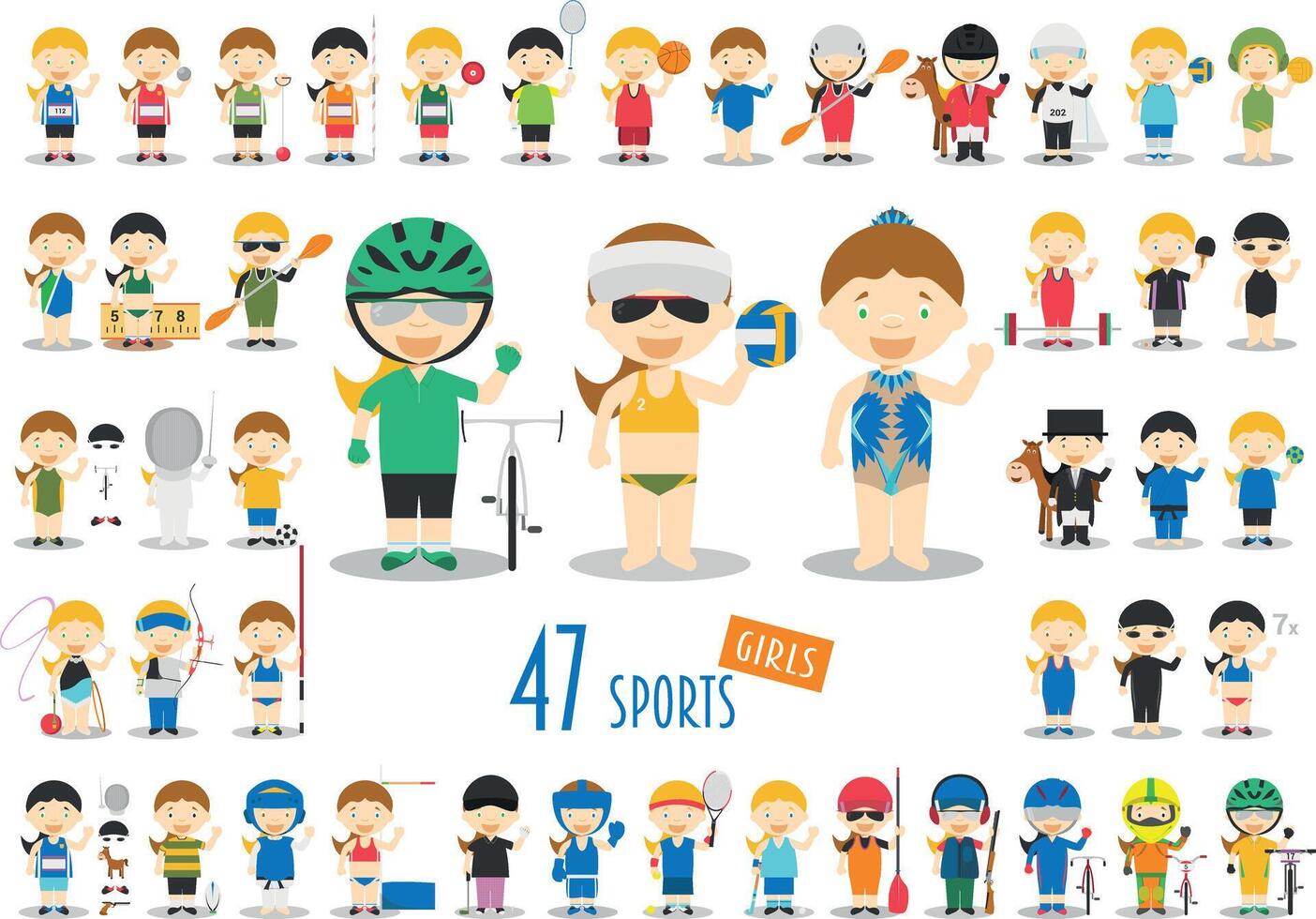 Big Set of 47 cute cartoon sport characters for kids. Funny cartoon girls. Olympics Sports illustrations vector