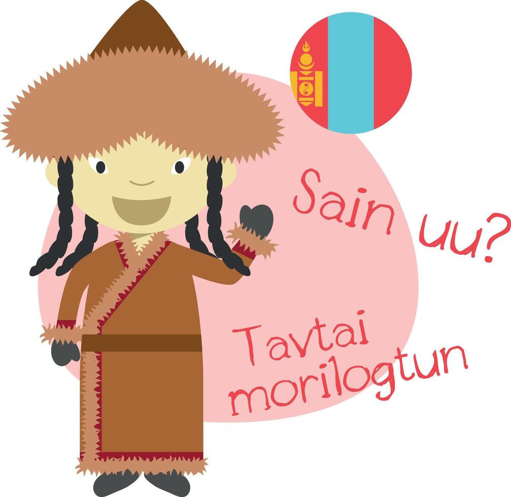 ilustración de dibujos animados personaje diciendo Hola y Bienvenido en mongol vector