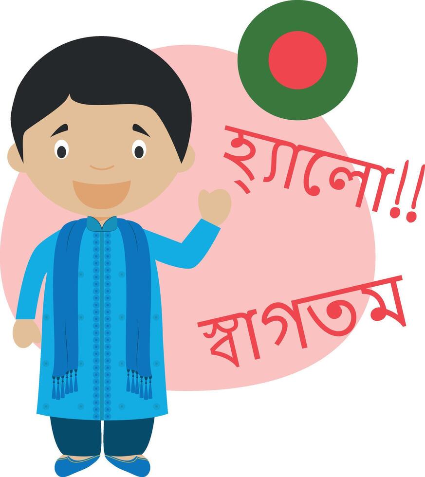 illustration of cartoon character saying hello and welcome in Bengali vector