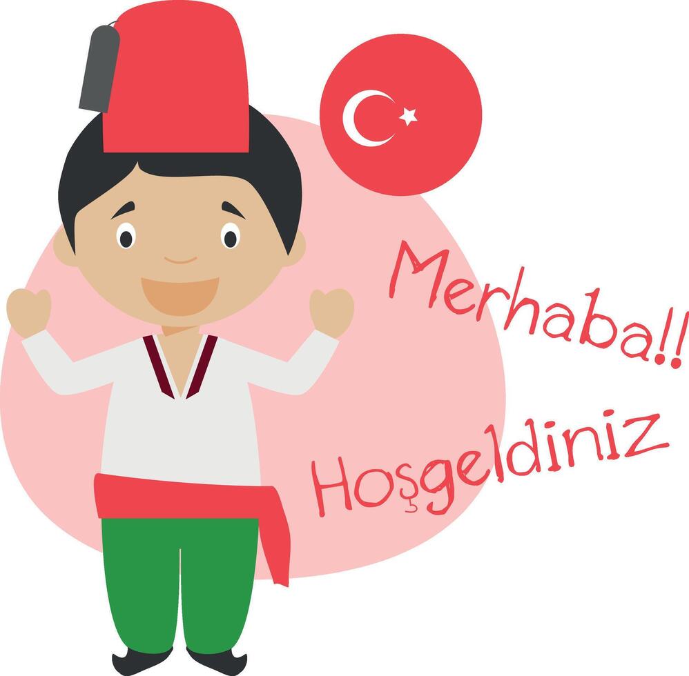illustration of cartoon characters saying hello and welcome in Turkish vector