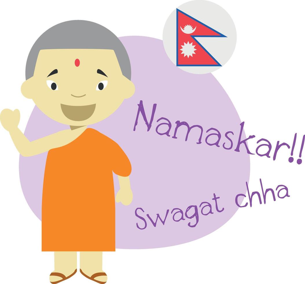 ilustración de dibujos animados personaje diciendo Hola y Bienvenido en nepalí vector