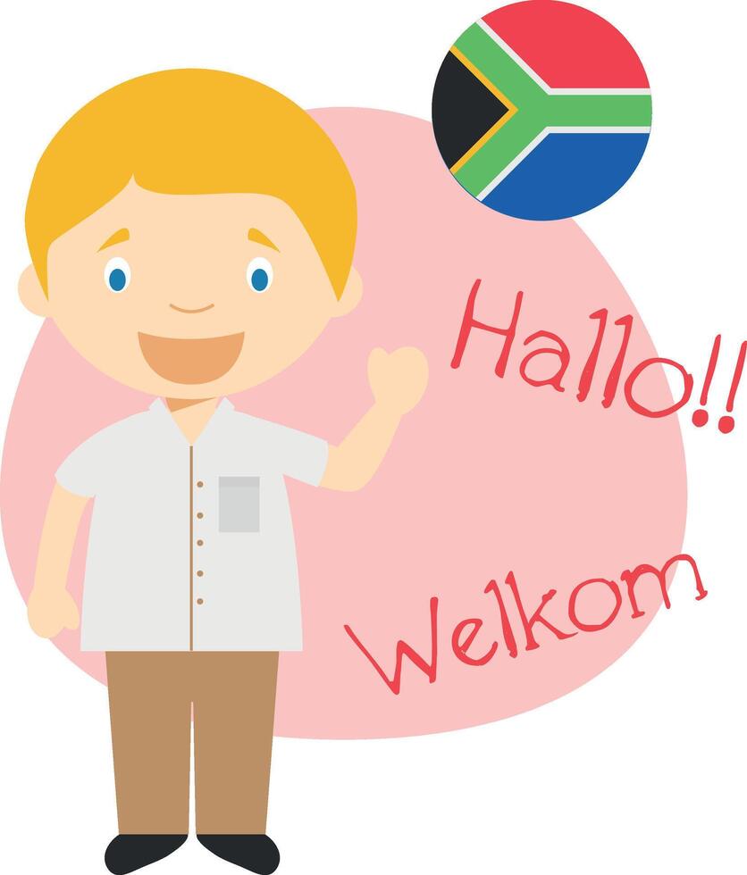 illustration of cartoon character saying hello and welcome in Afrikaans vector