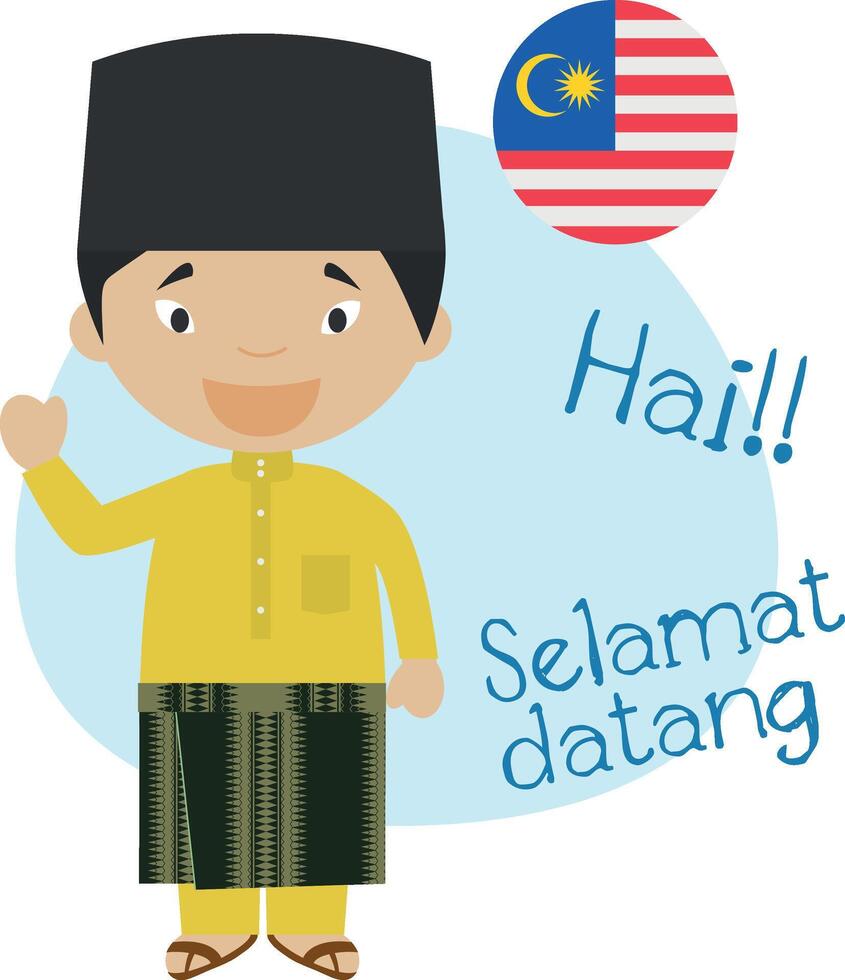 ilustración de dibujos animados personaje diciendo Hola y Bienvenido en malasio vector