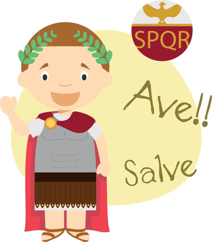 illustration of cartoon character saying hello and welcome in Latin vector