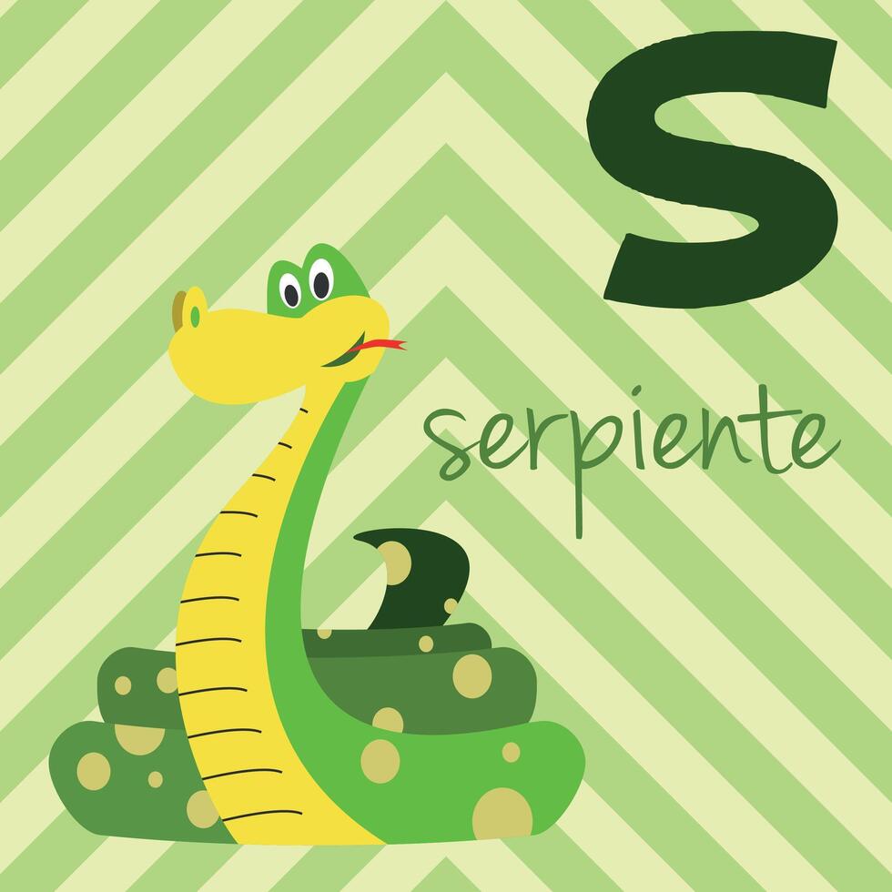 linda dibujos animados zoo ilustrado alfabeto con gracioso animales Español alfabeto. s para serpiente en español. aprender a leer. aislado ilustración. vector