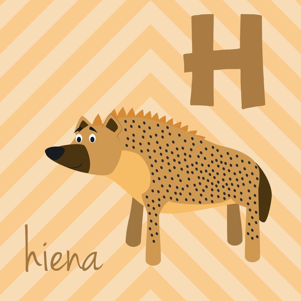 Cute cartoon zoo illustrated alphabet with funny animals. Spanish alphabet. H for Hyena in spanish. Learn to read. Isolated illustration. vector