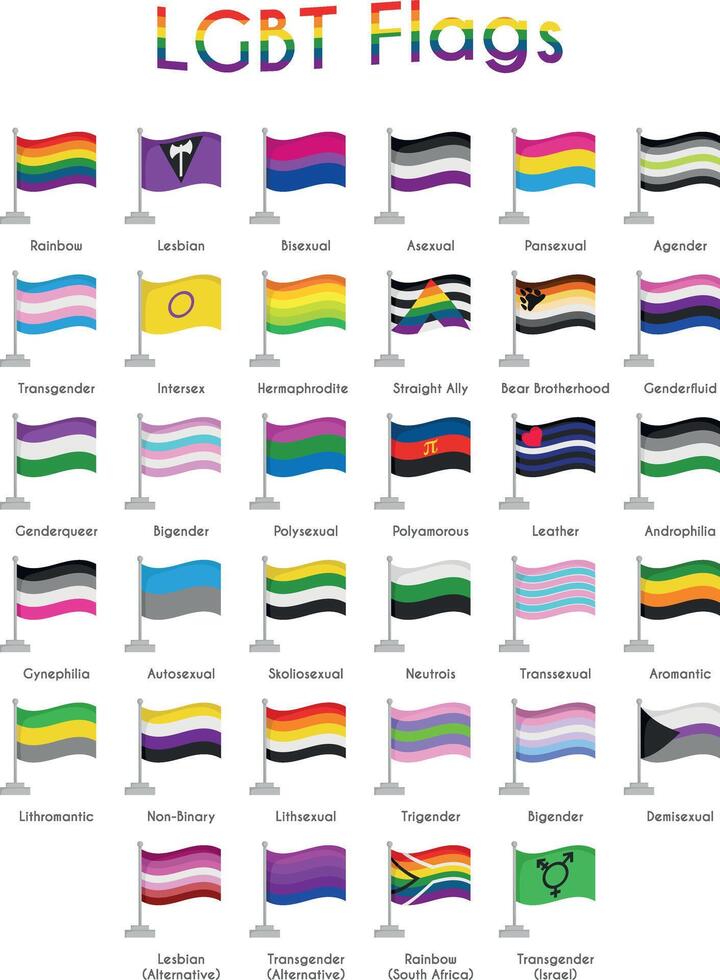 Set of 34 LGBT, sexual and gender tendencies pride flags Illustration vector