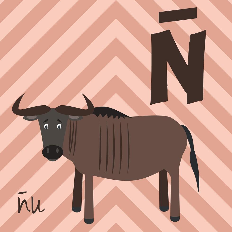 Cute cartoon zoo illustrated alphabet with funny animals. Spanish alphabet. Wildebeest in spanish. Learn to read. Isolated illustration. vector