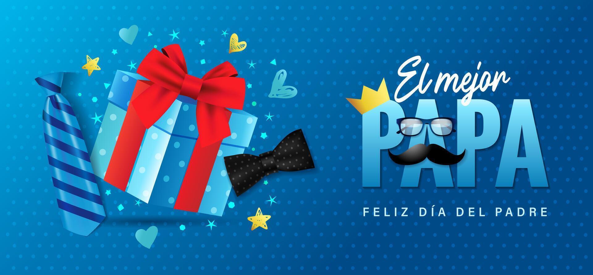 El mejor Papa, feliz Dia del Padre Spanish postcard concept, Happy Father's Day greeting card with 3d gift box. vector