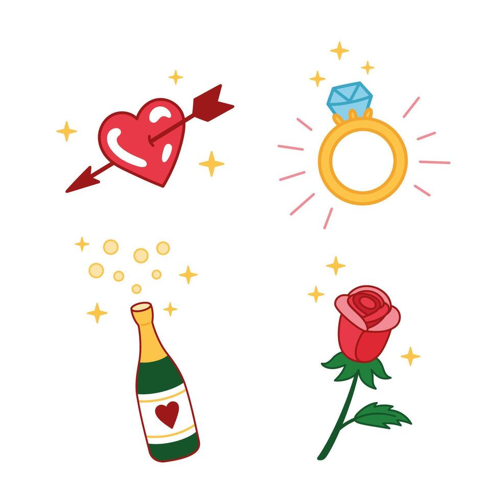 Set of cute love illustrations. Courtship collection. Design elements for engagement, wedding, valentines day. Romantic doodle icons. Hand drawn cartoon style. Engagement concept vector