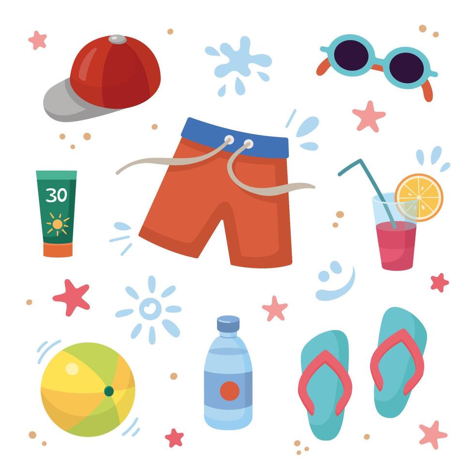 Beach holidays concept. Flat design, cartoon illustration. Male Beach accessories, elements. Summer vacation. Sunscreen tubes. Strokes of sunscreen cream. Beach holidays concept. Flat design vector