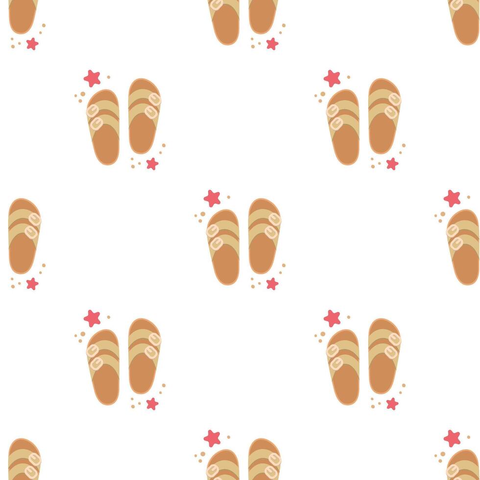 Flip flops icon with starfishes seamless pattern. Cute texture for summer design. Beach vacation concept. Cartoon illustration isolated on white. Flat design. vector