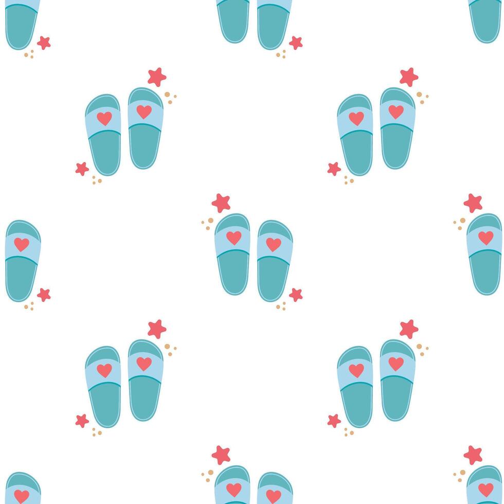 Flip flops icon with starfishes seamless pattern. Cute texture for summer design. Beach vacation concept. Cartoon illustration isolated on white. Flat design. vector