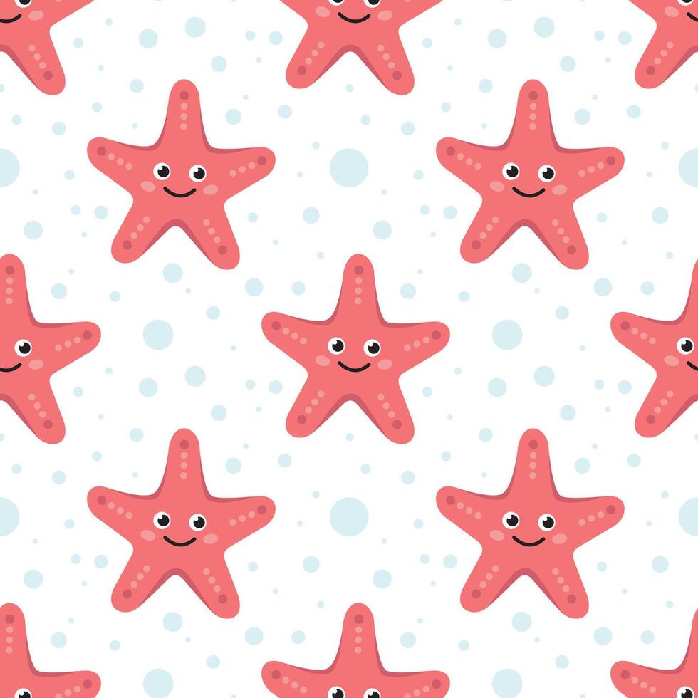 dibujos animados linda kawaii estrella de mar personaje con agua burbujas sin costura modelo. rosado mar animal. océano, submarino ilustración textura. plano diseño. ilustración en blanco antecedentes. vector