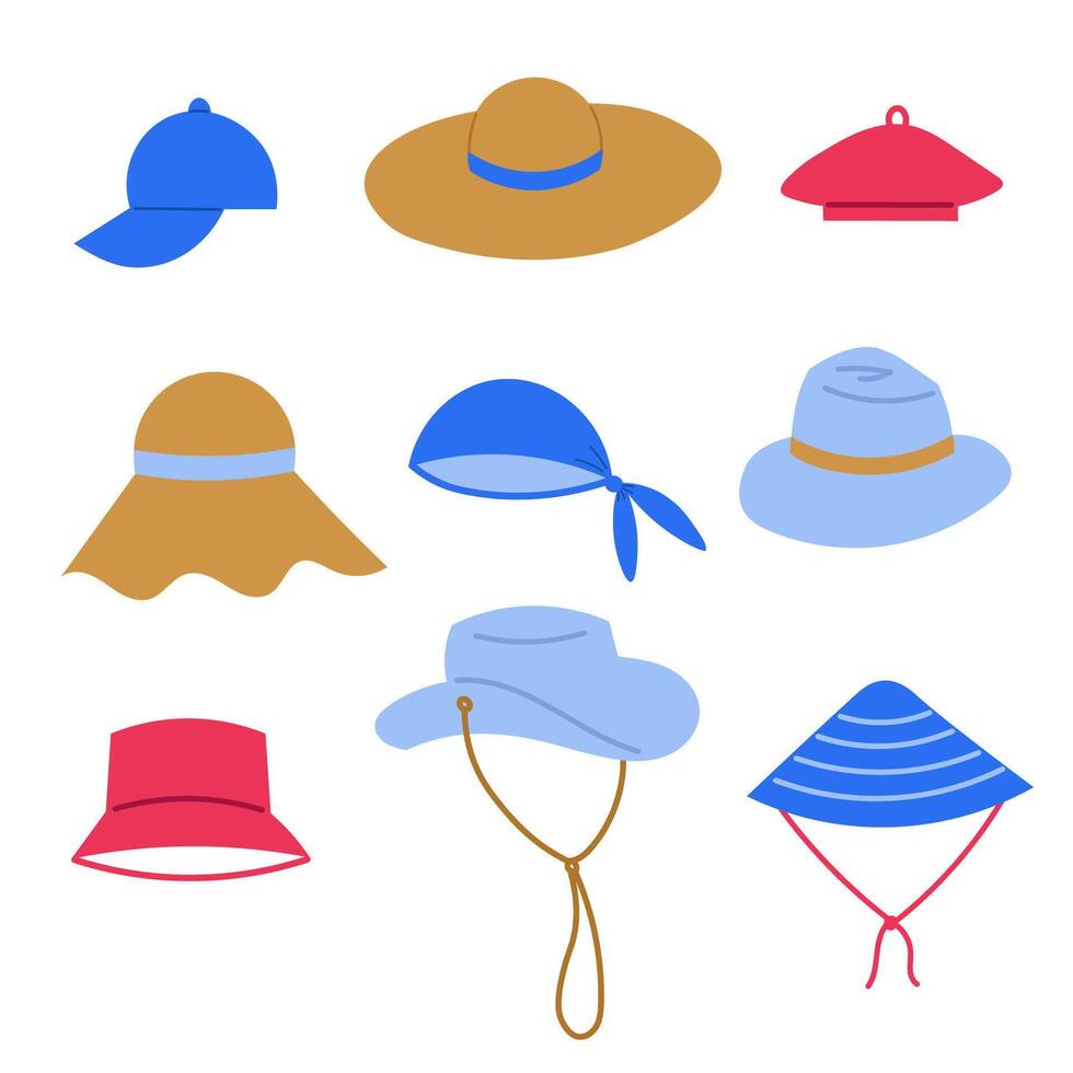 diferente sombreros mano dibujado verano accesorios aislado antecedentes. gorra, Panamá, pañuelo, boina, béisbol, caballeros jugador de bolos, mujer Paja sombrero, cabeza proteccion colocar. ilustración de dibujos animados estilo vector