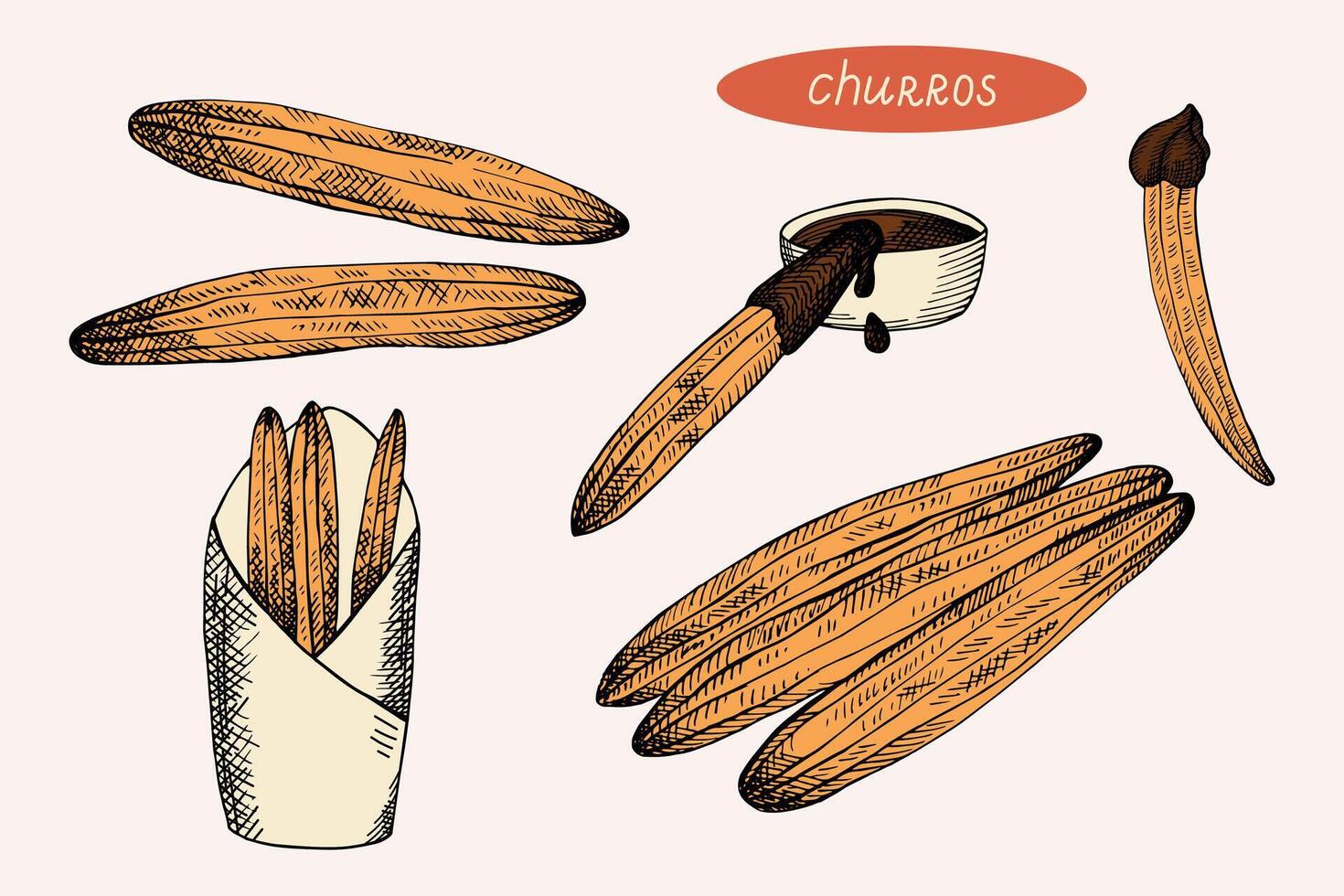 Churros and bowl with hot chocolate hand drawn engraved sketch. Set with vintage Mexican and Spanish traditional dessert, baking, sweets. Food illustration on isolated background for menu, card vector